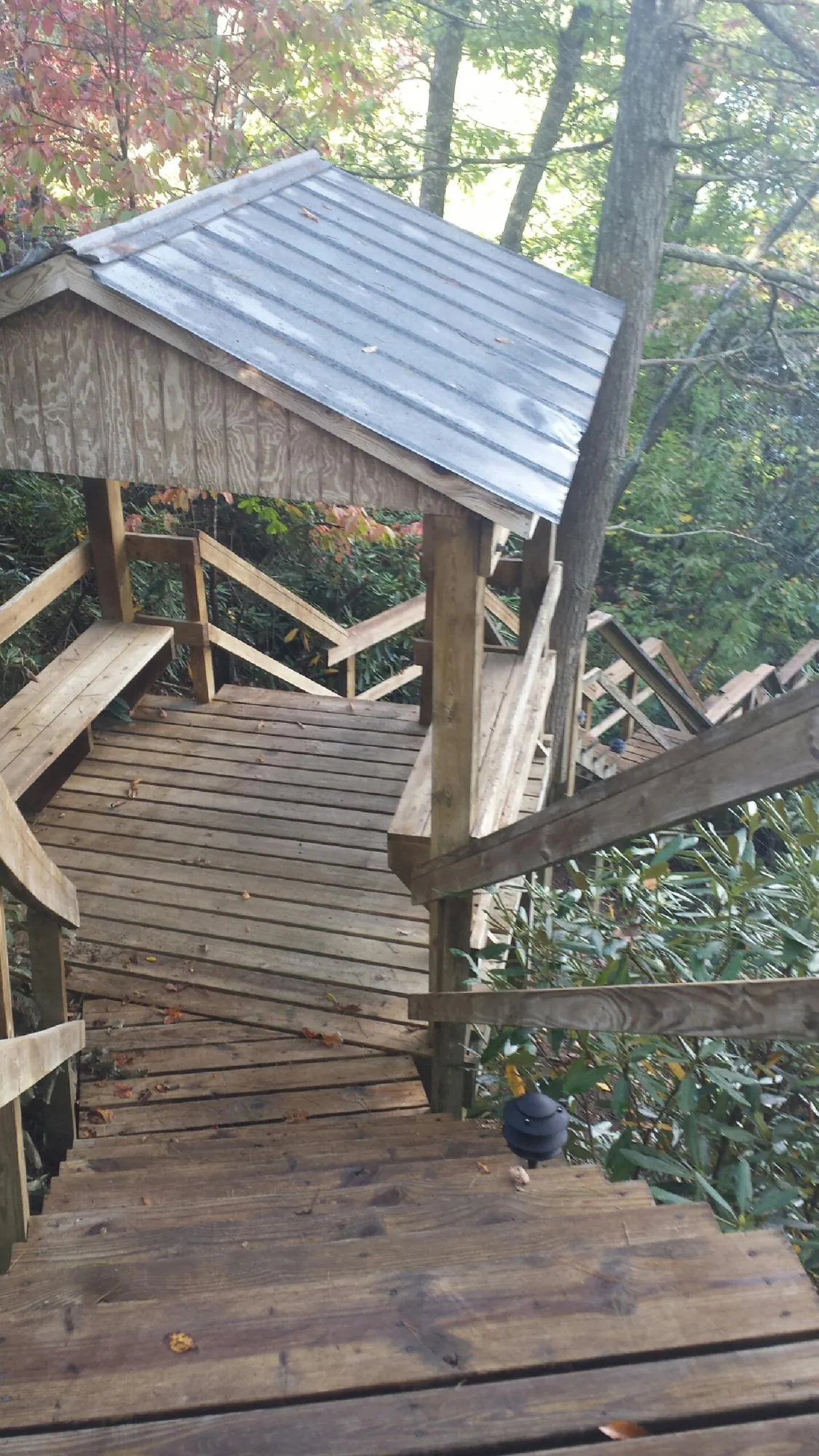 Metal roofed shelter over wooden steps on a wooded walkway — Skylight Repair & Installation work by our crew in Marble Rock